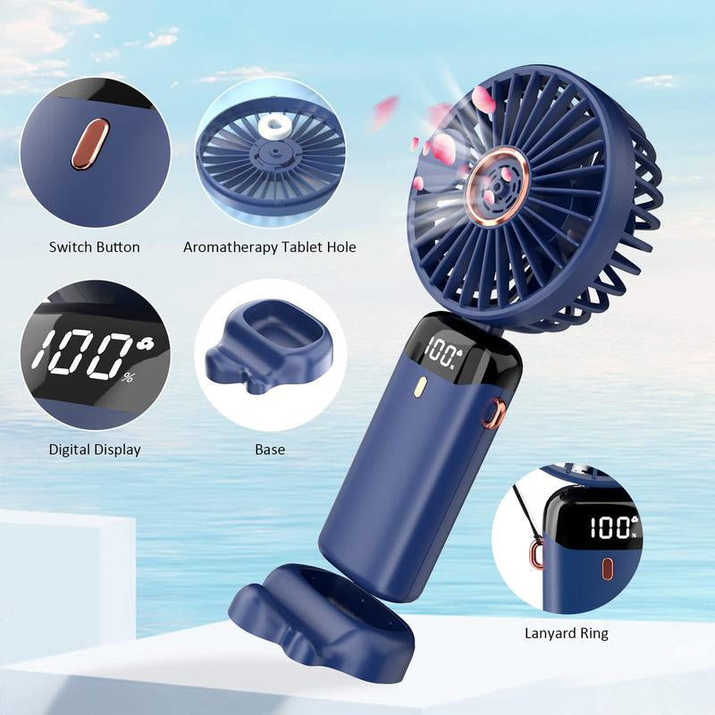 USB Rechargeable Handheld Portable Fan with Phone Holder for Iphone Android Mobile Phone, Cooling Fan with Digital Display, Portable Mini Fan, 90° Ajustable Handheld Fan for Outdoor Sports